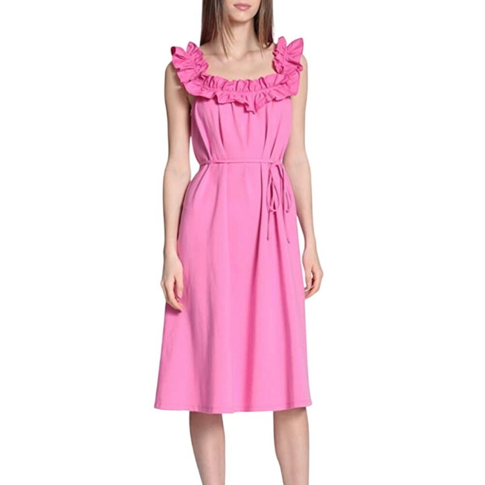 Donna Morgan Womens Mada A Line Dress Pink Belted Midi Ruffle Sleeves Prep 8 New